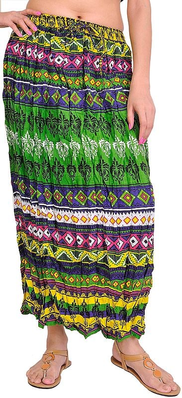 Mint-Green Long Crinkled Skirt with Printed Motifs