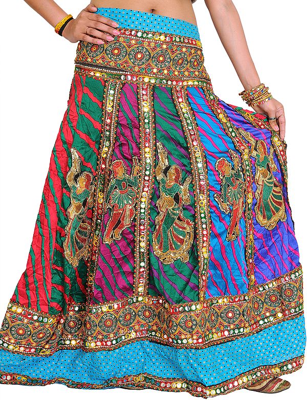 Cyan-Blue Leharia Printed Ghagra Skirt from Gujarat with Embroidered Folk Motifs and Large Sequins