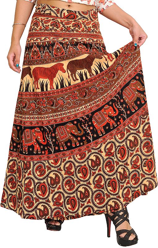 Sunburst and Red Wrap-Around Skirt from Pilkhuwa with Printed Animals