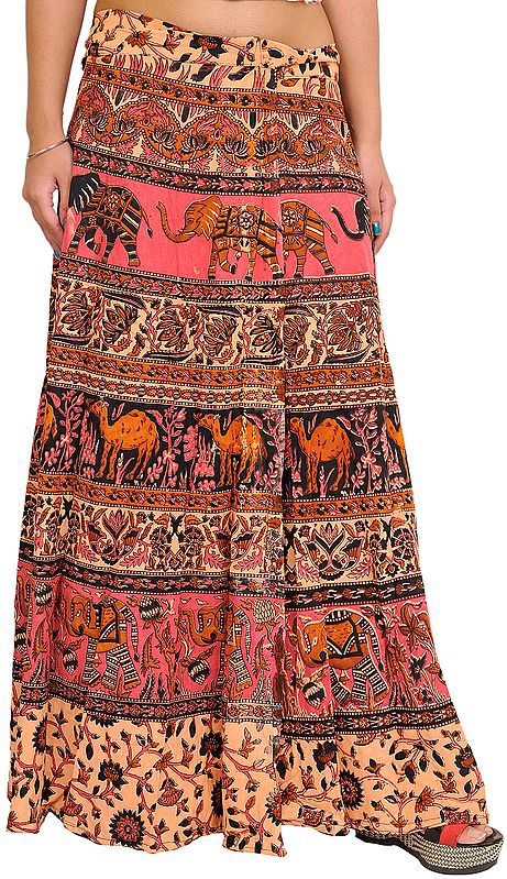 Tropical-Peach and Pink Wrap-Around Skirt from Pilkhuwa with Printed Elephants and Camels