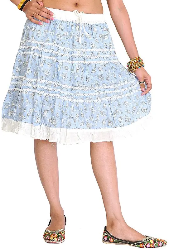 Powder-Blue and White Short Skirt with Printed Flowers and Lace