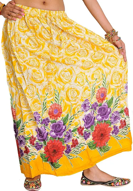 Banana-Yellow Long Skirt with Printed Roses