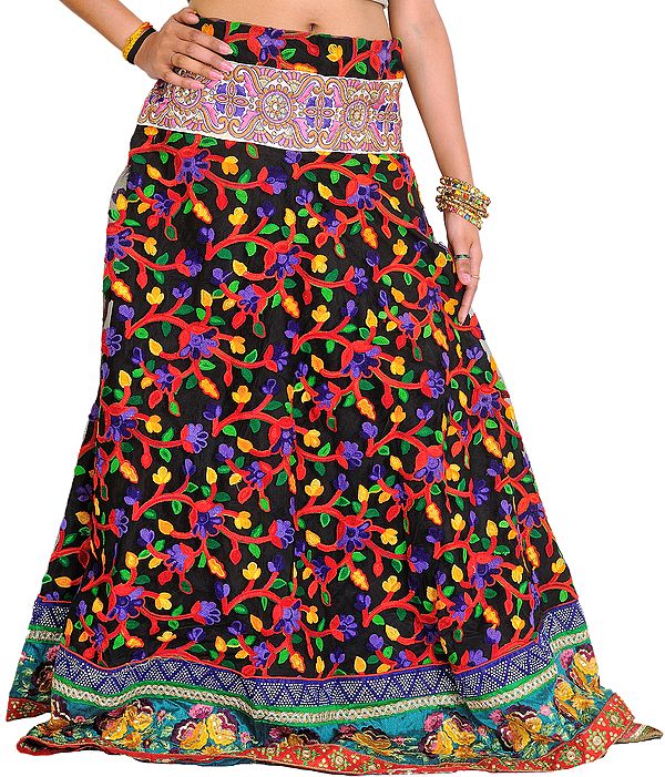 Jet-Black Floral Embroidered Ghagra with Embroidered Patch Border and Sequins