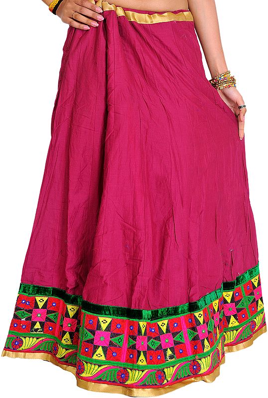 Magenta-Haze Plain Ghagra Skirt with Embroidered Patch Border and Mirrors