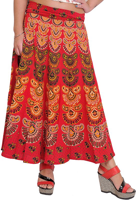 Rococco-Red Wrap-Around Midi Skirt from Pilkhuwa with Printed Motifs
