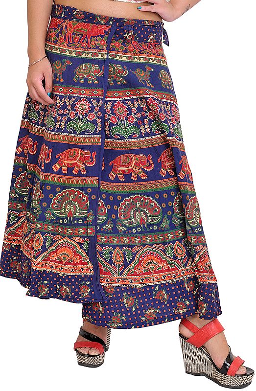 Medieval-Blue Wrap-Around Midi Skirt from Pilkhuwa with Printed Animals