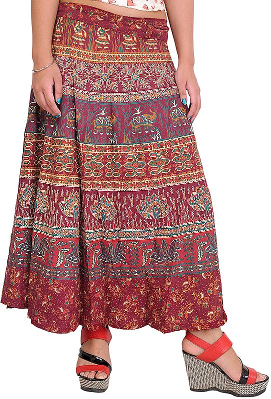 Mauve-Wine Wrap-Around Long Skirt from Pilkhuwa with Printed Flowers and Animals