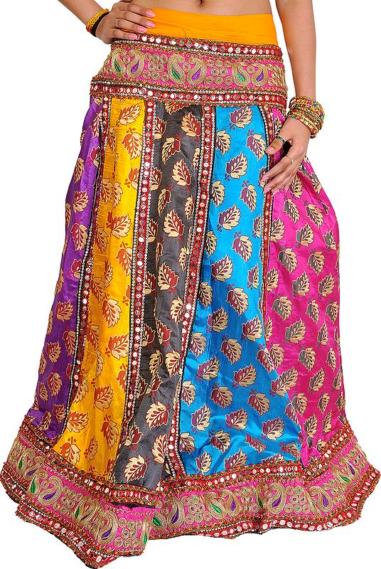 Multicolor Ghagra Skirt from Gujarat with Woven Leaves and Embroidered Paisleys Patch Border