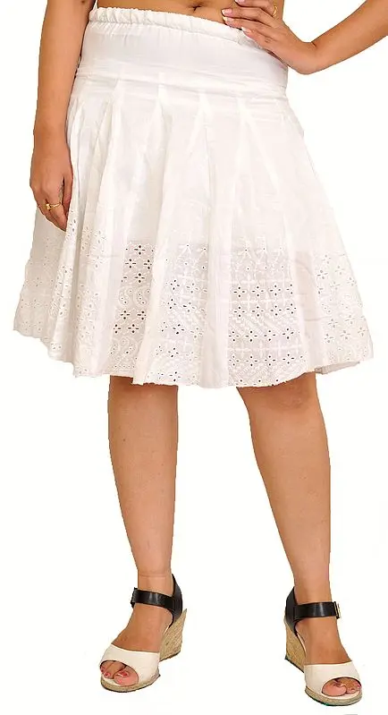 Egret-White Pleated Short Skirt with Chikan Embroidery