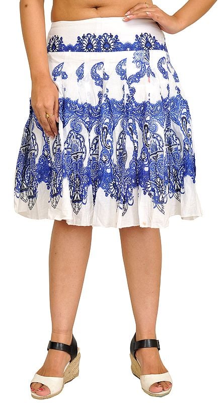 White and Blue Plated Short Skirt with Printed Paisleys