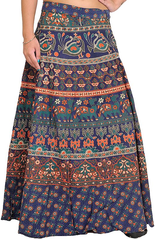 Medieval-Blue Wrap-Around Long Skirt from Pilkhuwa with Printed Animals