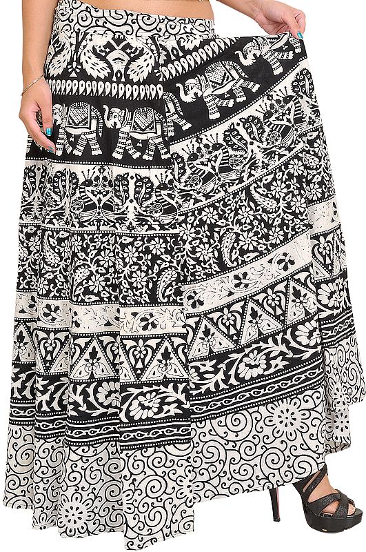 White and Black Wrap-Around Printed Skirt from Pilkhuwa with Elephants and Peacocks
