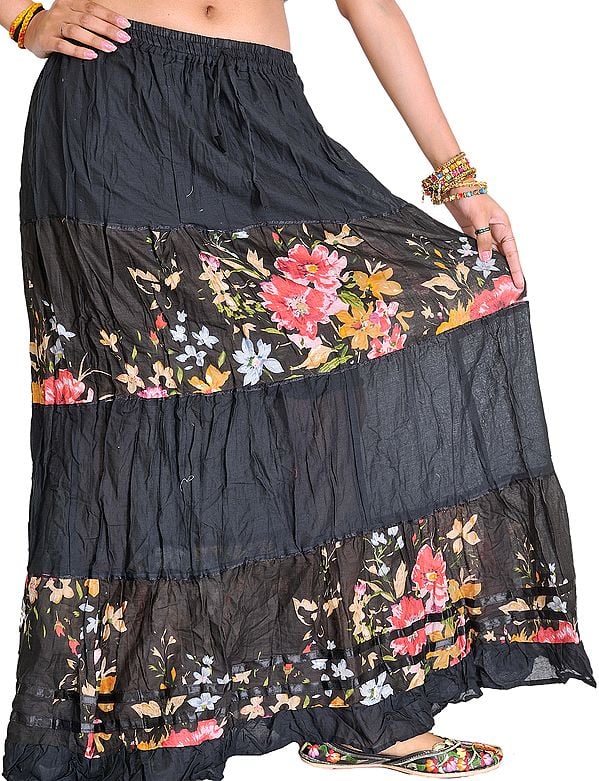 Jet-Black Casual Long Skirt with Printed Flowers