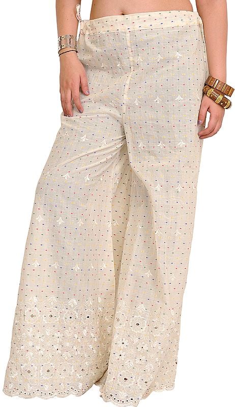 Cream Palazzo Pant with Woven Bootis and Embroidery on Border