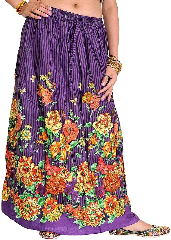 Pansy-Purple Long Skirt with Printed Flowers and Stripes