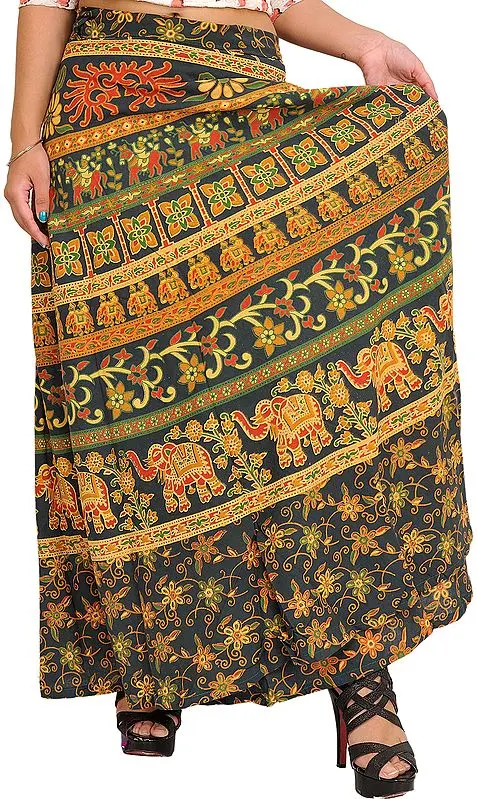 Green-Gables Wrap-Around Printed Skirt from Pilkhuwa with Elephants