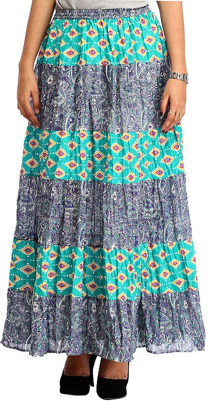 Gray and Green Long Printed Skirt with Elastic Waist