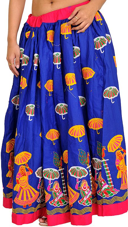 Dazzling-Blue Ghagra Skirt with Embroidered Village Ladies