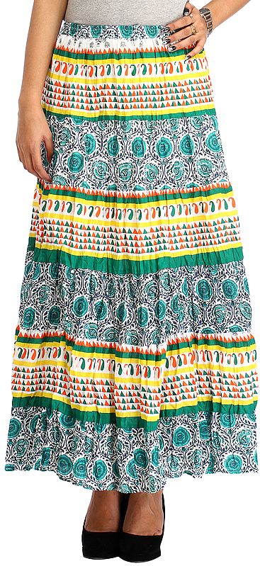 Tropical-Green Long Elastic Skirt with Geometric Print