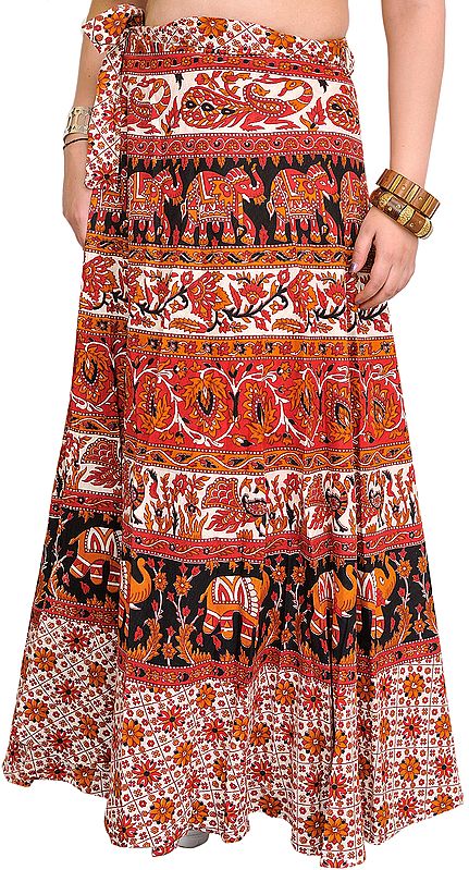 Red and White Wrap-Around Skirt from Pilkhuwa with Printed Animals and Flowers