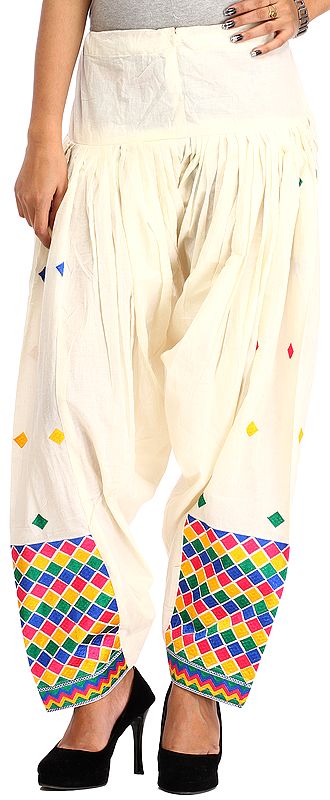 Off-White Patiala Salwar from Punjab with Phulkari Embroidery in Multicolor Thread