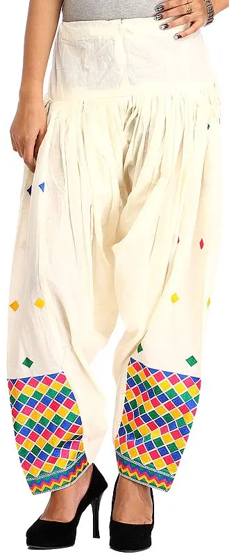 Off-White Patiala Salwar from Punjab with Phulkari Embroidery in Multicolor Thread
