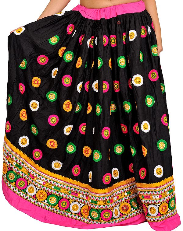 Black and Pink Embroidered Ghagra from Gujarat with Chakras and Mirrors