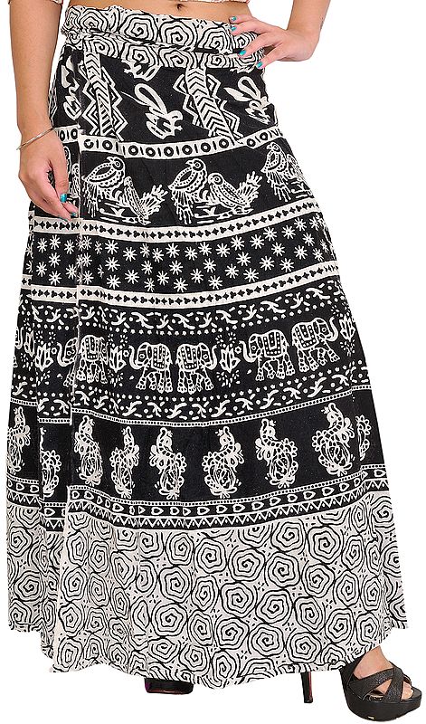 Black and White Wrap-Around Printed Long Skirt from Pilkhuwa