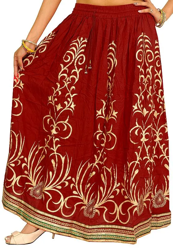 Printed Long Skirt with Embellished Patch Border
