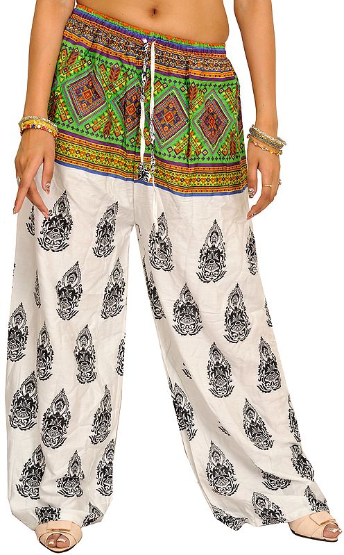 White Bohemian Yoga Trousers with Gautam Buddha Print