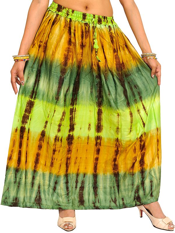 Green and Honey Long Skirt with Batik Print