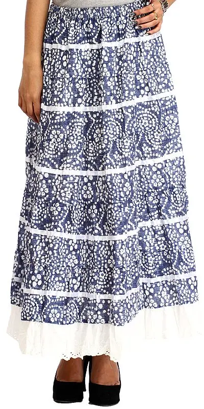 Moonlight-Blue Long Elastic Skirt with Floral Print and Cut-work on Border