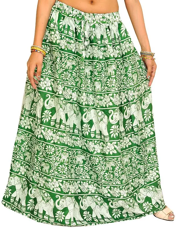 Juniper-Green Long Skirt with Printed Flowers and Elephants