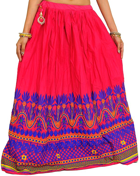 Raspberry-Sorbet Ghagra Skirt from Gujarat with Embroidery on Border