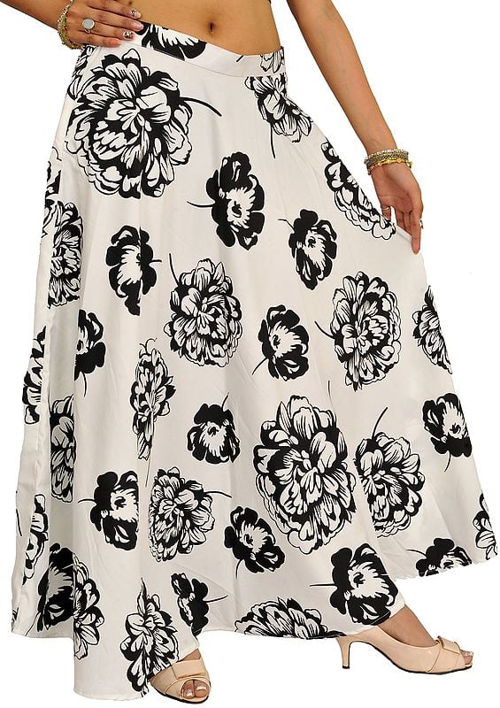 White and Black Long Skirt with Printed Giant Flowers