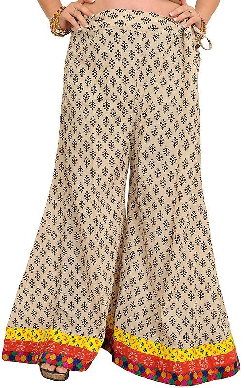 Dusty-White Casual Palazzo Pant from Pilkhuwa with Block-Printed Bootis and Patch Border