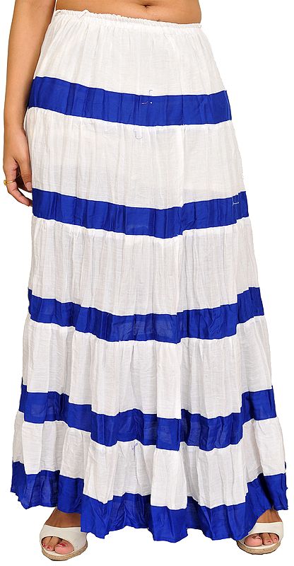 Bright-White Long Skirt with Printed Blue Stripes