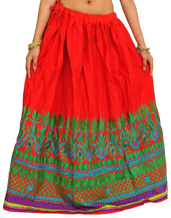 Tomato-Red Long Ghagra from Gujarat with Embroidered Border