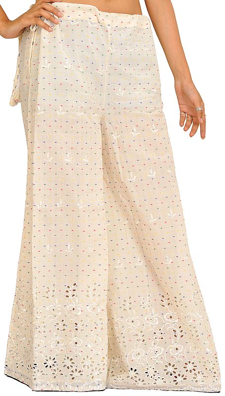 Cream Palazzo Pant with Cut-Work Embroidery on Border and Bootis