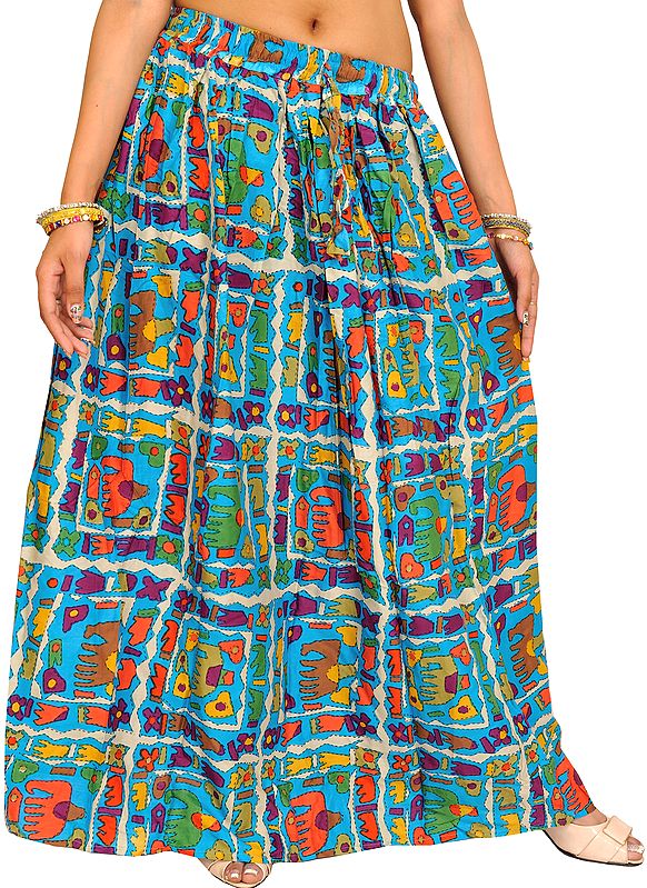 Cyan-Blue Long Skirt with Printed Elephants