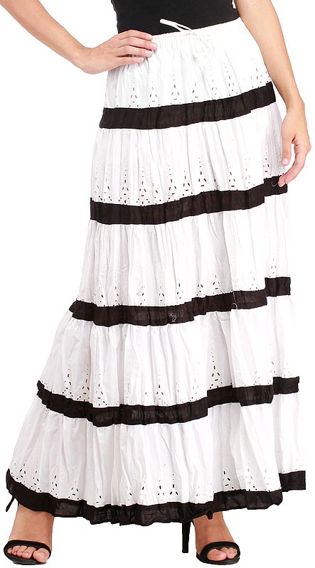 Bright-White Striped Long Skirt with Crochet and Elastic Waist