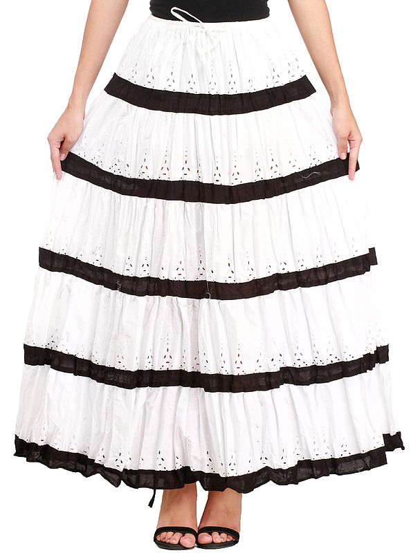 Bright-White Striped Long Skirt with Crochet and Elastic Waist | Exotic India Art