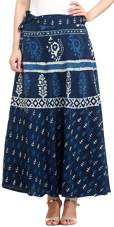 Twilight-Blue Wrap-Around Long Skirt from Pilkhuwa with Bagdoo Block Print