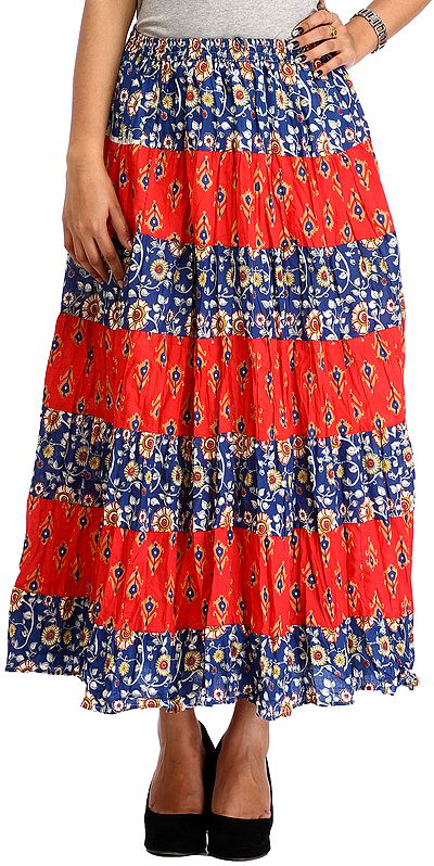 Blue and Red Long Skirt with Floral Print