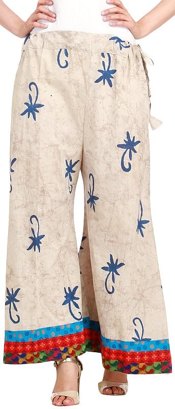 Dusty-White Block-Printed Casual Palazzo Pants from Pilkhuwa with Patch Border