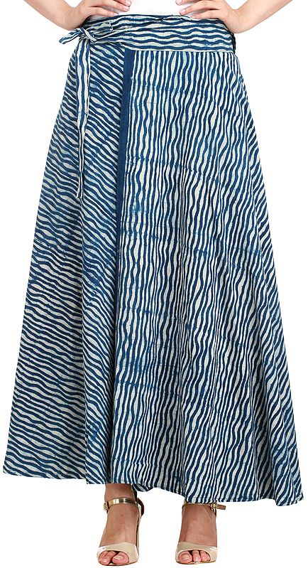 Ensign-Blue Wrap-Around Leheria Skirt from Pilkhuwa with Bagdoo Print