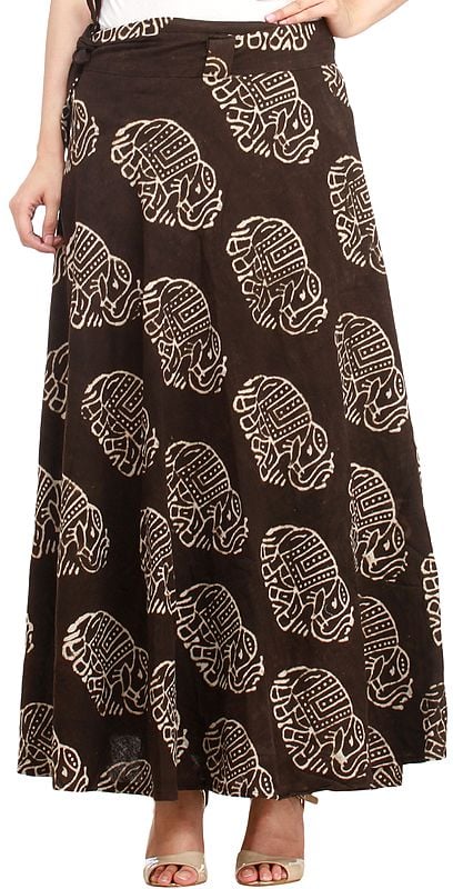 Turkish-Coffee Wrap-Around Bagdoo Skirt from Pilkhuwa with Block-Printed Elephants