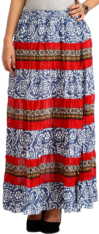 Blue and Maroon Elastic Long Skirt with Floral Print