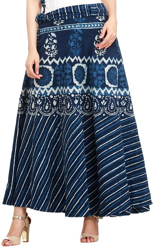 Medieval-Blue Block Printed Wrap-Around Skirt from Pilkhuwa