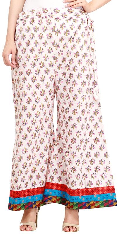 Star-White Casual Palazzo Pants from Pilkhuwa with Floral Bootis and Patch Border